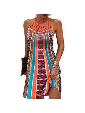 Women Summer Casual Floral Hollow Out Halter Neck A-line Cold Shoulder Sundress